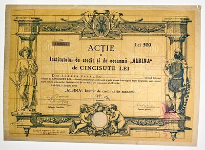 Romania Institut de Credit si Economii Albina Sibiu Share for 500 Lei 1930. # 100853 impressive 