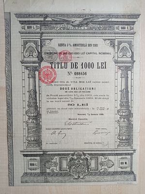 Romania, Bucharest, Renta Amortibila Bond 1000 LEI, 1903, Public Debt, Gold Loan. Rare 