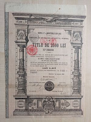 Romania, Bucharest, Renta Amortibila Bond 2500 LEI, 1903, Public Debt