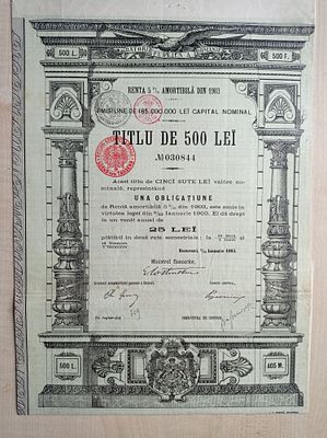 Romania, Bucharest, Renta Amortibila Bond 500 LEI, 1903, Public Debt. Rare government bond from 1903