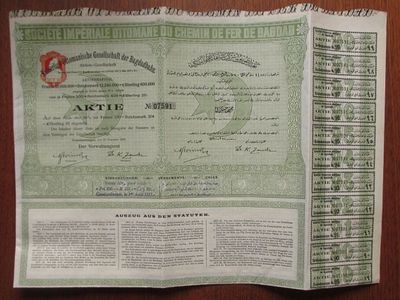 Ottoman Royal Baghdad Railways 1903 Constantinople Share 500 Francs &pound;20 . This stunning Baghdad 