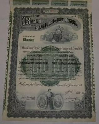 Cuba Banco Espanol de la Isla Accion Share 100 Gold Pesos 1910 Vignettes . Vintage Stock 