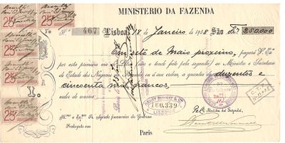 Portugal Portuguese Government Bill of Exchange – 250,000 Francs
Lisbon 18 January 1908 – 