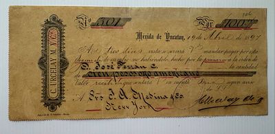Mexico, C. Urcelay M. y Cía, Bill of Exchange, Mérida (Yucatán), 1897, $100 US. Mexican bill of