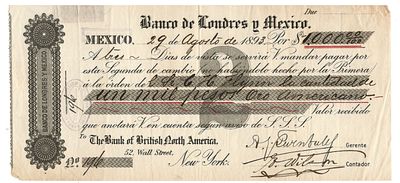 Mexico Banco de Londres y Mexico 1893 $1000 Bill of Exchange. Highly attractive and scarce