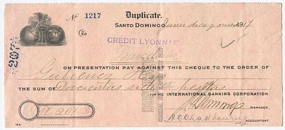 Dominican Republic Santo Domingo International Banking Corp Check Cheque 1917. Drawn on Credit 