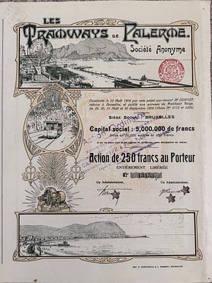 Tramways de Palermo' Italy Share 250 Francs 1909 Art Nouveau. Beautiful Art Nouveau style share 
