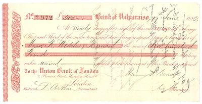 Chile Banco de Valparaiso Bill of Exchange for £500 1882. 2972; drawn to Union Bank of London; XF
