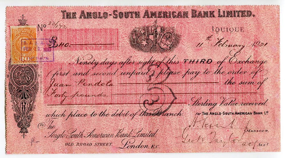 Chile The Anglo-South American Bank Ltd Check for 40 Pounds 1921. Bill of Exchange for drawn in 