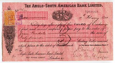 Chile The Anglo-South American Bank Ltd Check for 40 Pounds 1921. Bill of Exchange for drawn in