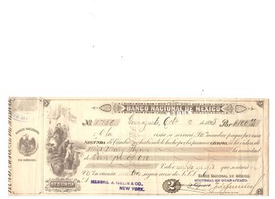 Banco Nacional de Mexico Guadalajara Jalisco Bill of Exchange 1895 Cheque $100. Rare 1895