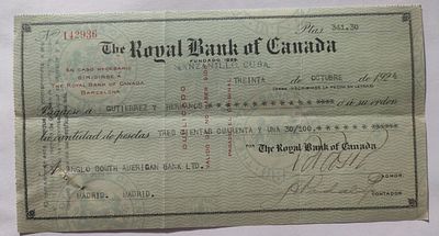 1924 Carribean Royal Bank of Canada Check Cheque Manzanillo