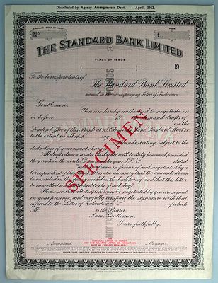 South Africa Standard Bank of South Africa Ltd Specimen Circular Letter of Credit 1954. Overprint