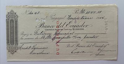 Ecuador, Banco del Ecuador, Promissory Note, Guayaquil, 1914, 1040 Pesos. Bank draft issued by