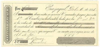 Ecuador Santiago French £100 Guyaquil 1881. # 544; Bill of Exchange; AUNC