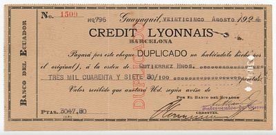 Ecuador, Guayaquil, Banco del Ecuador, Bill of Exchange, 1928