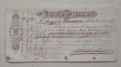 Ecuador Guyaquil 'Janer e Hijo' Letra de Cambio Bill of Exchange 1897 Scarce. Immerse yourself