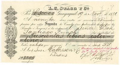 Ecuador L.C. Stagg & Cia £300 Guayaquil 1881 Bill of Exchange Cheque. # 2295; Bill of Exchange;