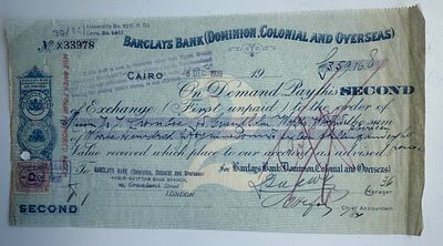 Egypt Barclays Bank Domonion and Colinial and Overseas Bill of Exchange Cairo 1939 £359 16s 8d. I