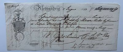 Ottoman Empire Egypt A.V.Paz Bill of Exchange Alessandria 1833 240 Lire. Signed merchant bill