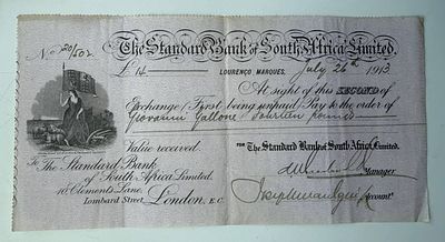 Mozambique Standard Bank of South Africa Bill of Exchange Lourenço Marques 1913 £14. Scarce
