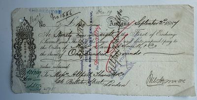 Antigua W.H. Moore Bill of Exchange 1884 £100. Dated September 2, 1884 in Antigua, this