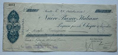 Argentina Nuevo Banco Italiano cheque Santa Fe 1913 handwritten. Historic cheque issued by the