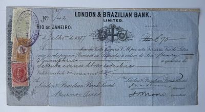 Brazil London & Brazilian Bank Ltd. Bill of Exchange Rio de Janeiro 1897 £75. Rare early