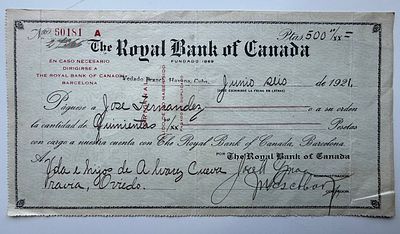 Canada Royal Bank of Canada Cheque Havana 1921 500 Pesetas. Cheque from Havana branch of the