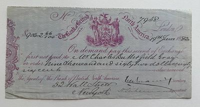 Canada The Bank of British North America Bill of Exchange London 1882 $9062.66. Issued by the