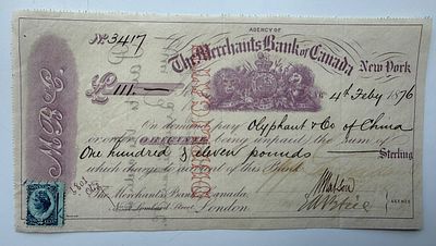 Canada The Merchants Bank of Canada Draft New York 1876 111 Pounds Sterling. Issued by the New