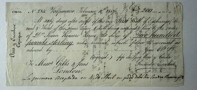 Chile Ossa y Escobar bill of exchange Valparaiso 1851 £200. An exceptionally early Chilean bill