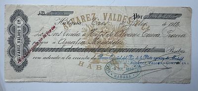 Cuba Alvarez Valdes y Cía. Promissory Note Havana 1913 1250 Pesetas. Attractive promissory note