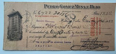 Cuba Pedro Gomez Mena e Hijo Promissory Note Havana 1923. Highly decorative promissory note with