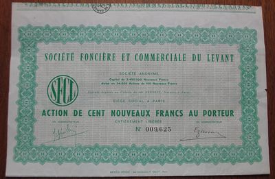Lebanon - Soci&eacute;t&eacute; Fonci&egrave;re et Commerciale du Levant (SECL) – Bearer Share of 100 Nouveaux Francs . 