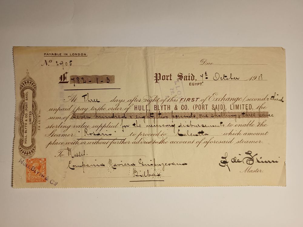 Egypt, Hull Blyth & Co. (Port Said) Ltd., Bill of Exchange, Port Said, &pound;781-1s-3d, 1918. British 