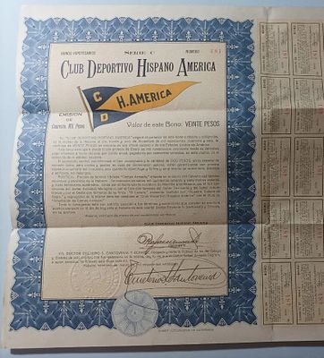 Cuba, Habana 'Club Deportivo Hispano América' Bono de 20 Pesos 1946 Football. Rare 20th-Century 