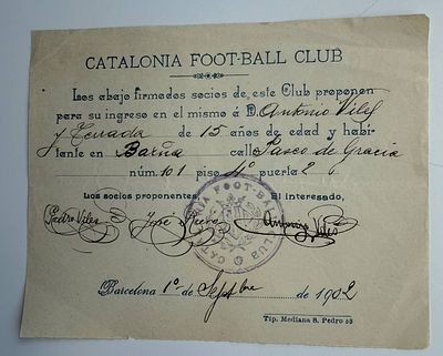 Spain Catalonia Football Club Membership Certificate / Socio Document Barcelona 1902. Early 