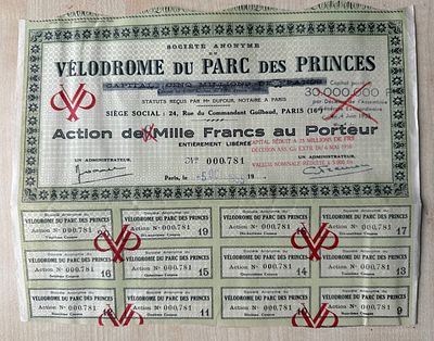 France, V&eacute;lodrome du Parc des Princes, Share Certificate, Paris, 1958, 1000 Francs. Parisian 