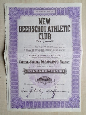 Belgium New Beerschot Athletic Club Antwerp 1000 Francs Share Sport Football. A 1000 francs 