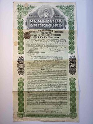 Argentina, Republica Argentina, Internal Loan Bond, Buenos Aires, $100 Oro, 1909. Large format 