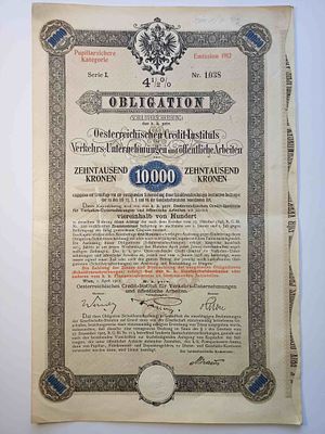 Austria &Ouml;sterreichisches Credit-Institut Bond Vienna 1912 10000 Kronen. An imposing 10,000 