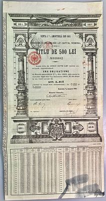Romania Renta 5% Amortibila din 1903 Titlu de 500 Lei 1903 Uncancelled. # 16682 Value in both 