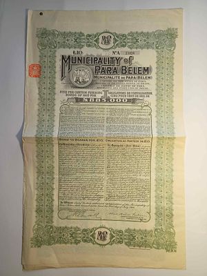 Brazil, Municipality of Pará (Belém), Bond, Belém, 1915, £10. Attractive funding bond issued by 
