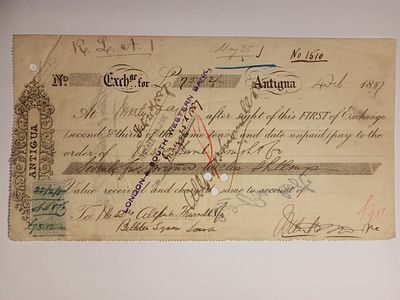 Antigua and Barbuda, Antigua, Private Bill of Exchange, &pound;75, 1887. Bill of Exchange issued in 