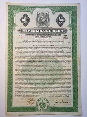 Cuba, Republic of Cuba, National Development Bond, Havana, 1000 Pesos, 1952. Large and 