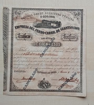 Cuba Empresa del Ferro-Carril de Guantánamo Share Certificate Santiago de Cuba 1894 100 Pesos. Ra 