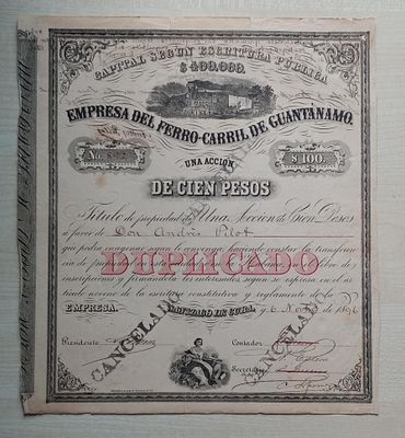 Cuba Empresa del Ferro-Carril de Guantánamo Share Certificate DUPLICADO Santiago de Cuba 1896 