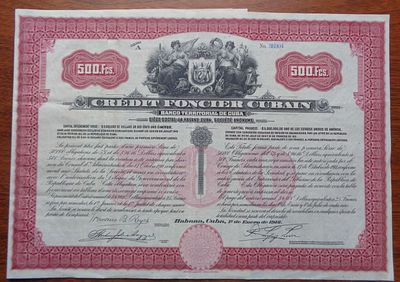 Cuba Banco Territorial Cubano Bond Havana 1913 500 Francs. Rare bond certificate from Cr&eacute;dit 