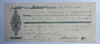 Cuba J. Balcello y Ca. Bill of Exchange Habana 1908 200 Pesos. First of Exchange drawn on Habana 